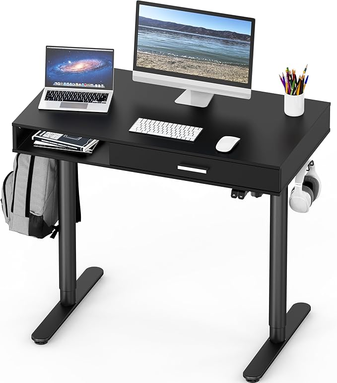 SHW Claire 40-Inch Height Adjustable Electric Standing Desk with Drawer, Black