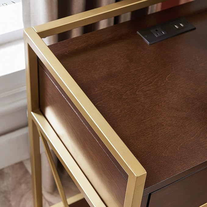 Leick Home 9069-WA One Drawer Nightstand Side Table Contemporary Modern USB-C Fast Charging Station A/C USB Charging Port Integrated Durable Solid Metal Wood Living Room Bedroom Office Walnut and Gold