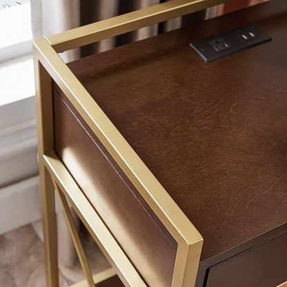 Leick Home 9069-WA One Drawer Nightstand Side Table Contemporary Modern USB-C Fast Charging Station A/C USB Charging Port Integrated Durable Solid Metal Wood Living Room Bedroom Office Walnut and Gold