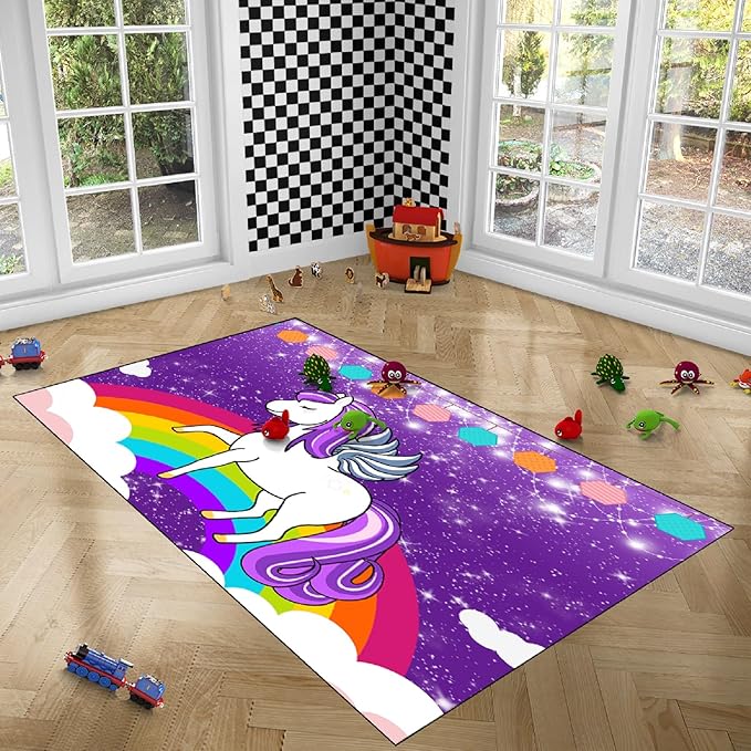 Unicorn Rugs for Girls Bedroom Unicorn Area Rugs for Girls Bedroom Rainbow Carpet Kids Unicorn Rugs for Bedroom Girls Living Room Floor Mat, Purple, 3'×5'