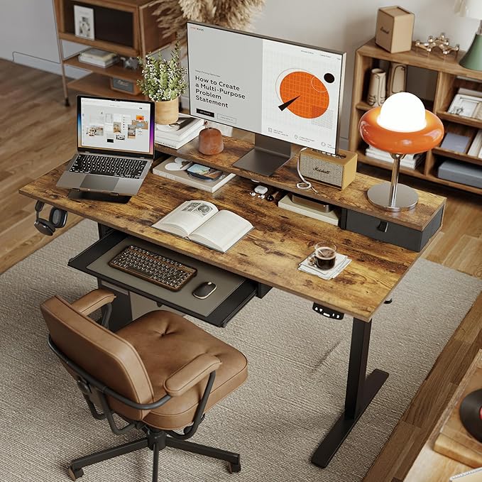 Electric Standing Desk with 2 Drawers and Keyboard Tray, 48 x 24 Inches Ergonomic Adjustable Height Desk with Storage, Sit Stand Computer Workstation, Rustic Brown