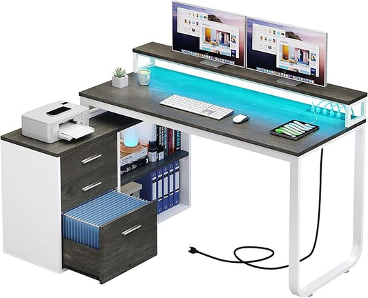 YITAHOME L Shaped Desk with Power Outlets & LED Lights & File Cabinet, 55" Corner Computer Desk with 3 Drawers & 2 Storage Shelves, Home Office Desk with Monitor Stand, White & Grey