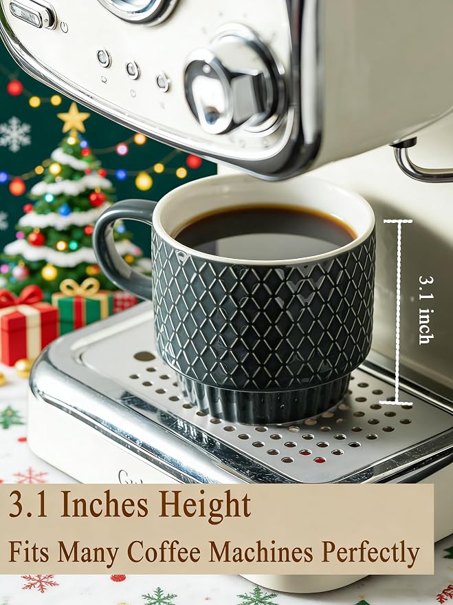 Gomakren Coffee Mugs Set of 4, 13oz Stackable Coffee Cup with Stand, Grey | Stackable Space-Saving, with 4 Spoons | Textured Grey Grid Stoneware Dishwasher Safe, for Coffee Milk Tea Cocoa & Gifting Use