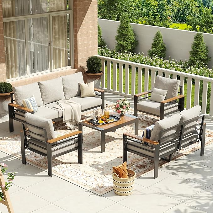 Aoxun Aluminum Patio Furniture Set 7 Seats, Oversized Outdoor Sectional with Washable Thick Cushions, Coffee Table and Waterproof Cover, Patio Conversation Sets for Porch, Balcony, Deck