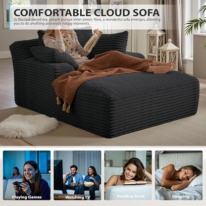 50 Inches Chaise Lounge Indoor, Oversized Chaise Lounge Chair with 3 Throw Pillows and Armrests, Corduroy Upholstered Plush Sofa Bed Lazy Chair Bed Sleeper Chair for Living Room Apartment (Black)