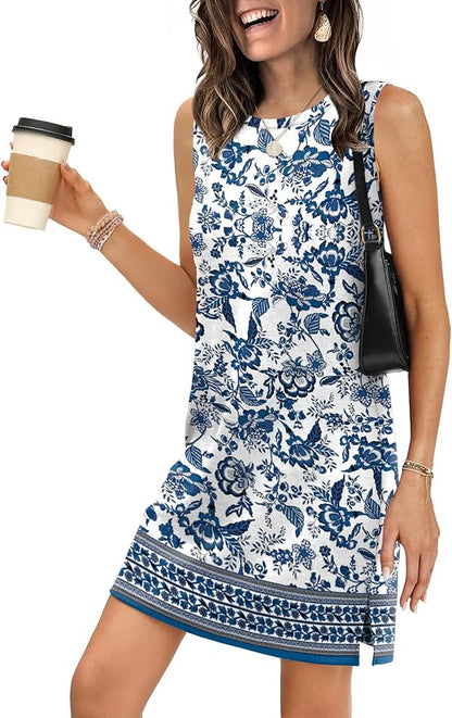 WIHOLL Casual Dresses for Women Crewneck Sleeveless Tank Dress Summer Spring Boho Vacation Clothes