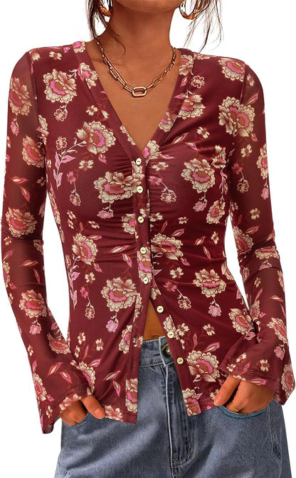 BTFBM Button Down Shirts for Women 2026 Fall Boho Tops V Neck Long Sleeve Blouses Ruched Mesh Fitted Fashion Clothing