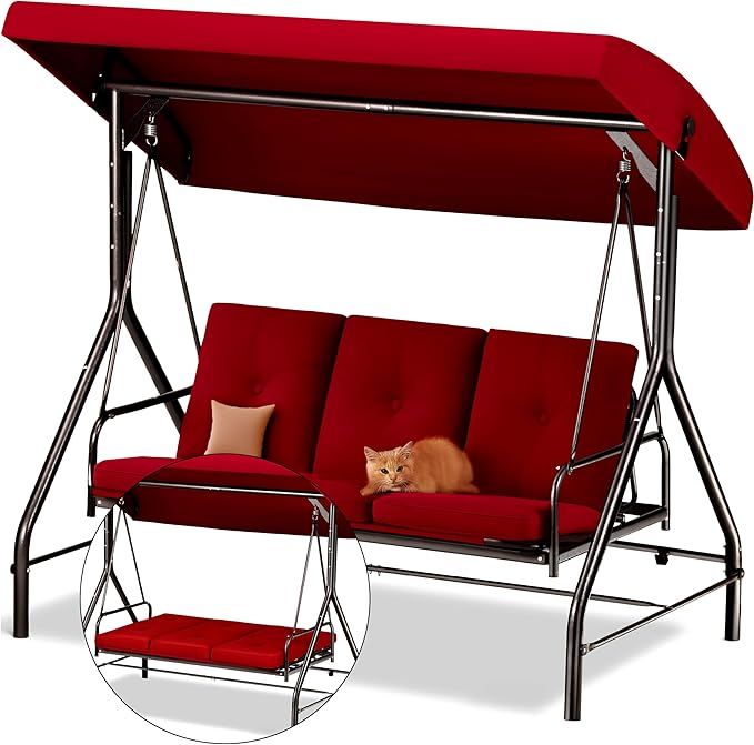 Porch Swing - 3-Seat Patio Outdoor Swing with Canopy for Adultes, Convertible Glider Bed, Thick Removable Cushions & Pillows for Backyard, Porch, Garden - Burgundy