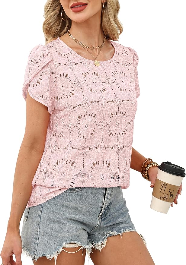 OFEEFAN Blouses for Women Dressy Casual Petal Short Sleeve Shirts Crochet Lace Boho Tops Spring Fashion Summer Outfits