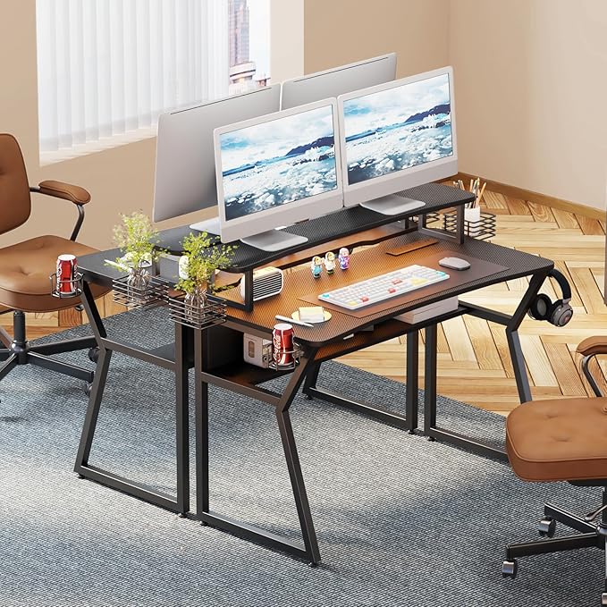 Gaming Desk with Power Outlet&Led Lights, Computer Desk with Monitor Stand and Open Shelf,Gamer Table Workstation with Cup Holder, Headphone Hook, 2 Speaker Stand for Home Office