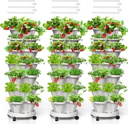 Strawberry Vertical Planters Tower Garden 3 Pack, 7 Tiered Stacking Herb Vegetable Planter with Support Pole Indoor and Outdoor - White