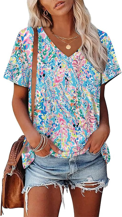 Alaroo Womens Summer Tops 2026 V Neck Short Sleeve Shirts Trendy Dressy Casual Vacation Outfits Printed