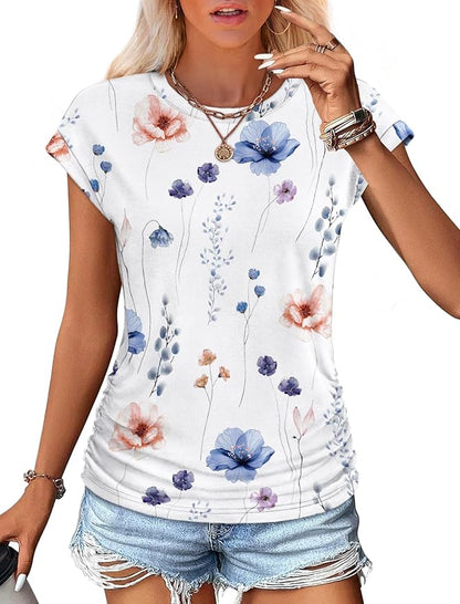 Sampeel Womens Summer Tops Trendy 2026 Ruched Cap Short Sleeve Tshirts Shirts Crew Neck T Shirts Fashion