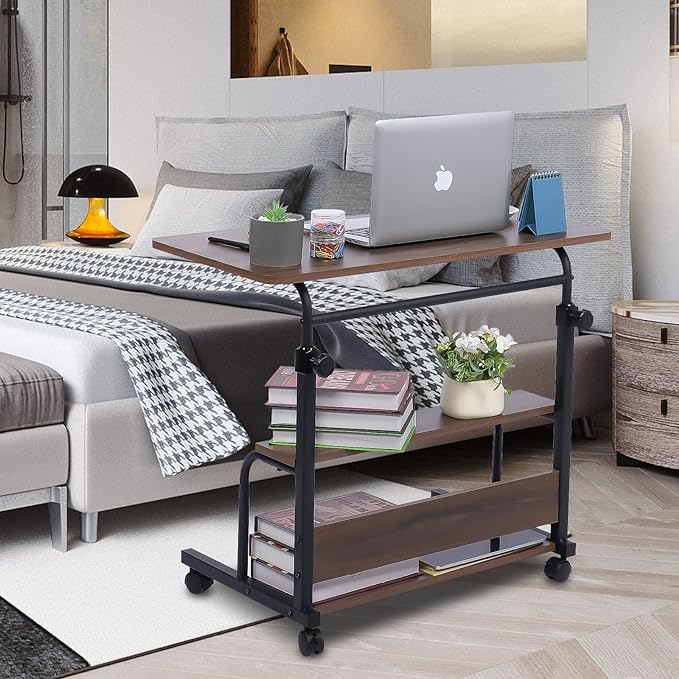 Portable Desk Small Desks for Small Spaces Laptop Table Brown Rolling Adjustable Desk on Wheels Mobile Couch Desk for Bedroom Home Office Computer Standing Desk Student Desk with Storage 32x16 Inch