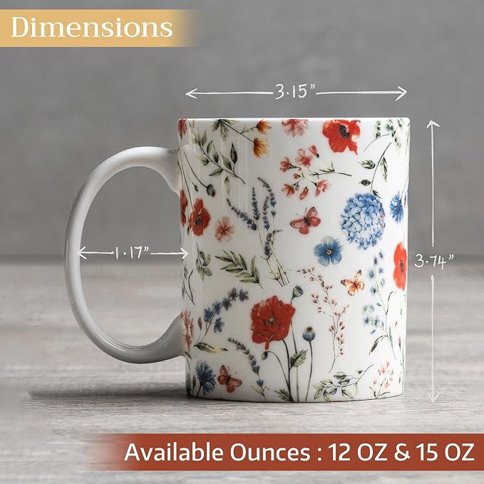 Maison d' Hermine Coffee Mug with Handles Tea Cups (12 Ounce, Pack of 1) | Fine Bone China Coffee Mugs for Hot Beverages Cappuccino Latte Home Restaurant Spring Summer -Just Floral - Blues 'N Redz