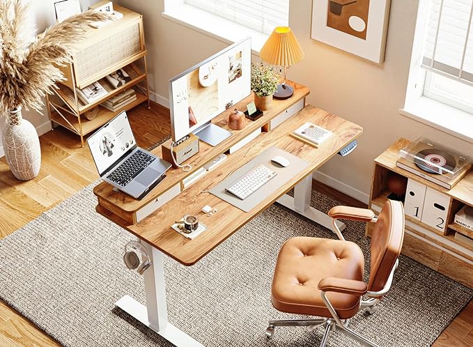 BANTI 48x24 Inch Electric Standing Desk with Double Drawers, Adjustable Height Stand Up Desk, Sit Stand Home Office Desk with Storage Shelf, Light Rustic Brown Top