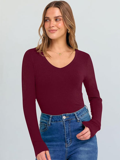 ANRABESS Long Sleeve V Neck Shirts for Women | Soft Comfy Ribbed Knit Fitted Tshirts, Casual Going Out Tops, 2026 Trendy Basic, Fall Winter Underscrub Layering Clothes