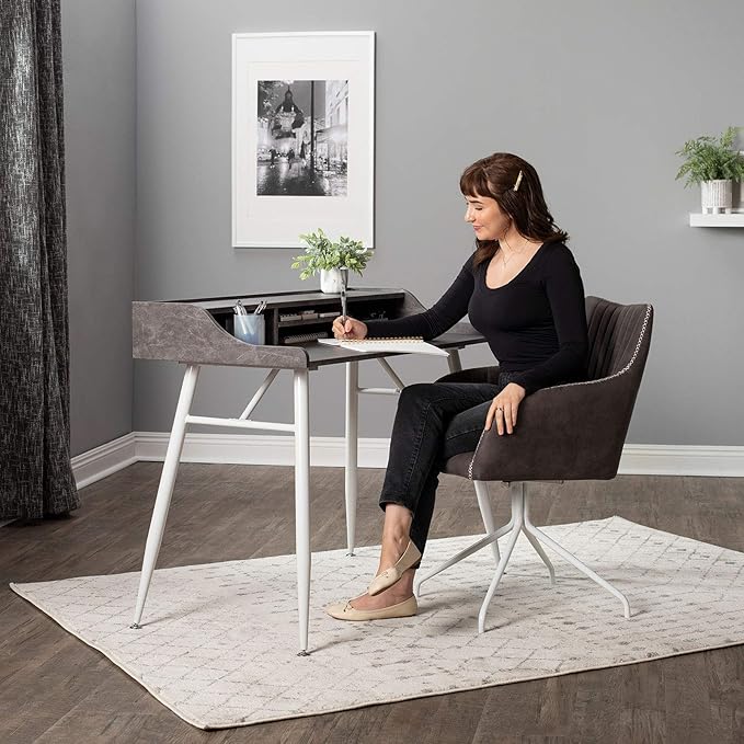 Calico Designs Woodford 45” Wide Modern, Secretary, Writing, Desk with Low Storage Hutch and Whtie Metal Tapered Legs in Marbled Dark Grey, White