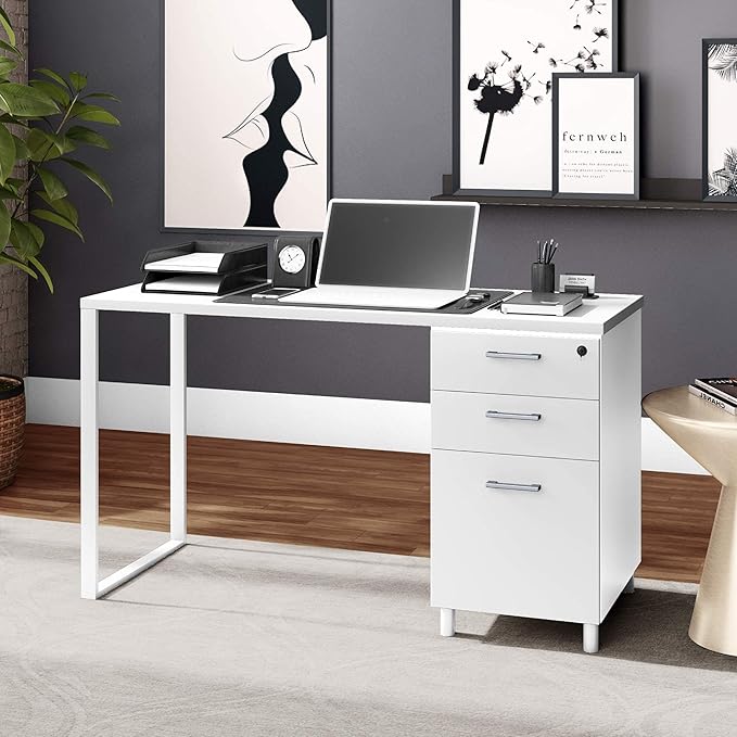 Milano Home Office Desk - 47 Inch White/White Home Office Desk with Drawers - Modern Computer Desk with Storage, Detachable & Lockable Computer Cabinet - Wooden Office, Study, and Writing Table