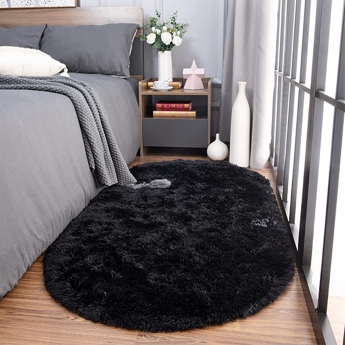 Noahas Black Fluffy Rugs for Bedroom,2'X 5' Oval Ultra Soft Bedroom Rugs,Small Throw Rugs, Kids Room Carpet Modern Shaggy Area Rugs Home Decor