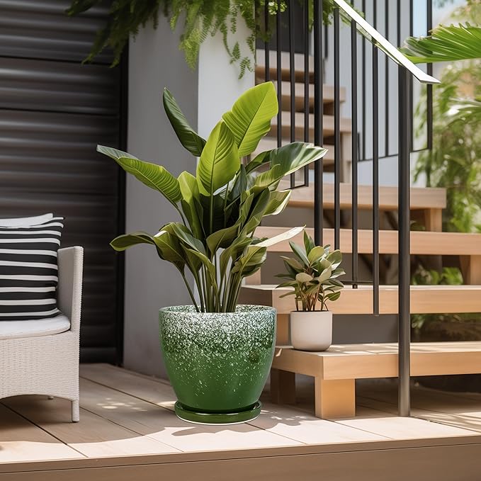 10 Inch Plant Pot - Ceramic Planters for Indoor Plants Outdoor, Large Planter with Drainage Hole and Saucer, Decorative Round Flower Pots, Garden House Decor, Gifts for Plant Lovers, Green