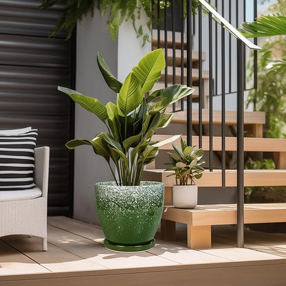 10 Inch Plant Pot - Ceramic Planters for Indoor Plants Outdoor, Large Planter with Drainage Hole and Saucer, Decorative Round Flower Pots, Garden House Decor, Gifts for Plant Lovers, Green