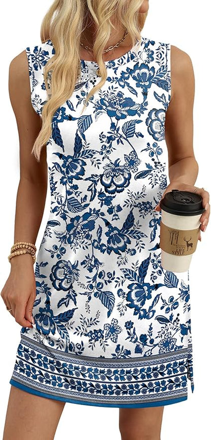 WIHOLL Casual Dresses for Women Crewneck Sleeveless Tank Dress Summer Spring Boho Vacation Clothes