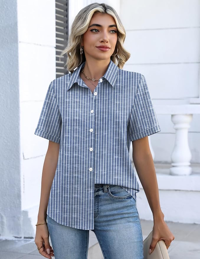 Zeagoo Button Down Shirts for Women Short Sleeve Collared Tops Dressy Casual V Neck Blouses