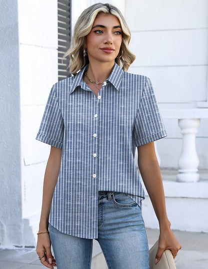 Zeagoo Button Down Shirts for Women Short Sleeve Collared Tops Dressy Casual V Neck Blouses