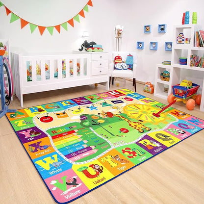 Chicrug Educational Kid Area Rug for Playroom, 5x7 Feet TPR Non Slip Kids Classroom Carpet Rug for Learning ABC Animal, Shape Color Fruit, Washable Play Mat Rug for Children Nursery Toddler Room Decor