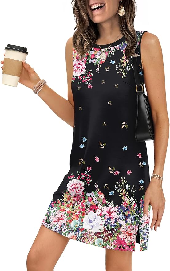 WIHOLL Casual Dresses for Women Crewneck Sleeveless Tank Dress Summer Spring Boho Vacation Clothes