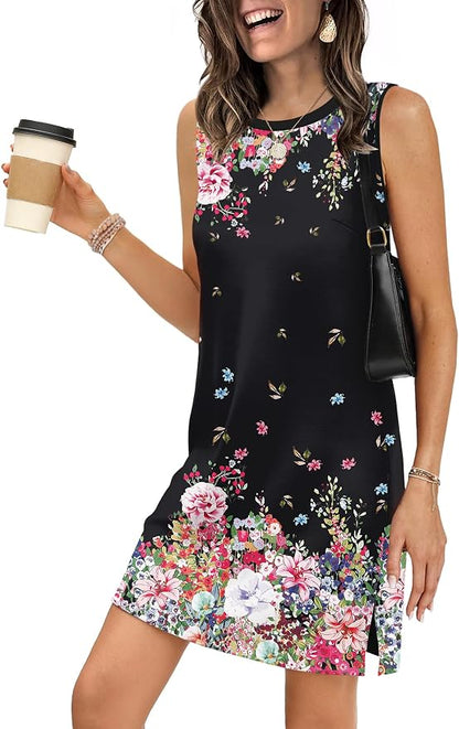 WIHOLL Casual Dresses for Women Crewneck Sleeveless Tank Dress Summer Spring Boho Vacation Clothes