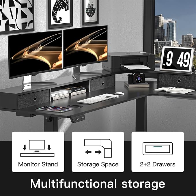 L Shape Standing Desk, 67 * 48 Inches Adjustable Height Standing Desk with 4 Drawers, Corner Electric Standing Desk with Monitor Stand for Home Office, Classic Black