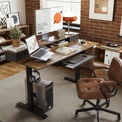 Electric Standing Desk with 2 Drawers and Keyboard Tray, 48 x 24 Inches Ergonomic Adjustable Height Desk with Storage, Sit Stand Computer Workstation, Rustic Brown