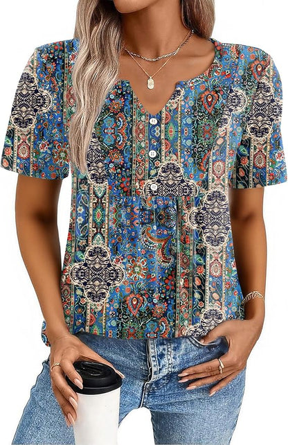 Zeagoo Womens Short Sleeve Tops Summer Henley V-Neck Tshirts Casual Pleated Blouse Dressy Loose Floral Basic Tee