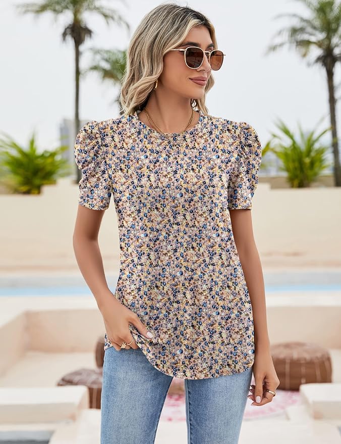 Ivicoer Puff Short Sleeve Shirt for Women Eyelet Tops Summer Crewneck Blouse Loose Fit S-XXL