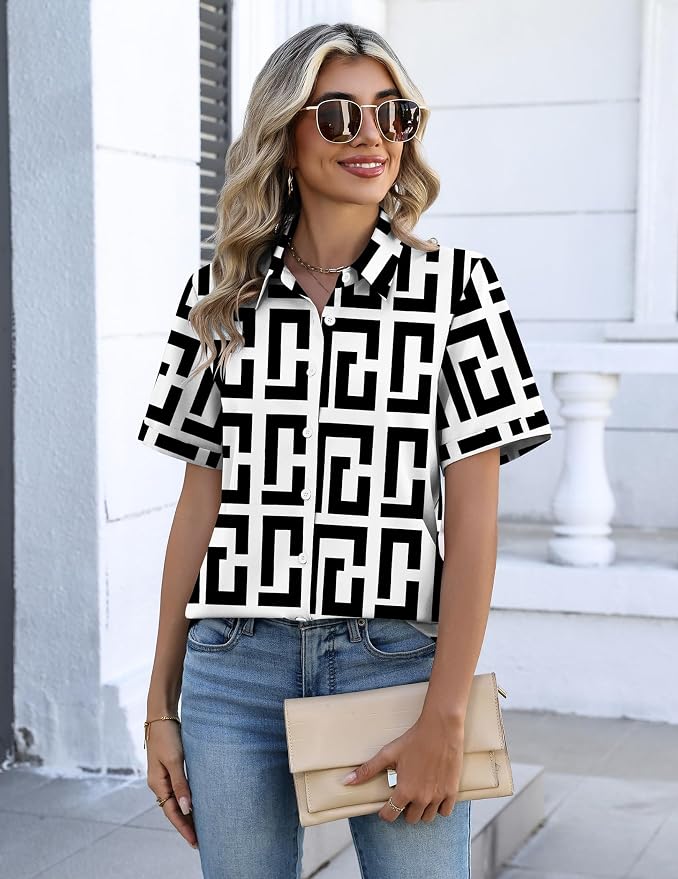 Zeagoo Button Down Shirts for Women Short Sleeve Collared Tops Dressy Casual V Neck Blouses