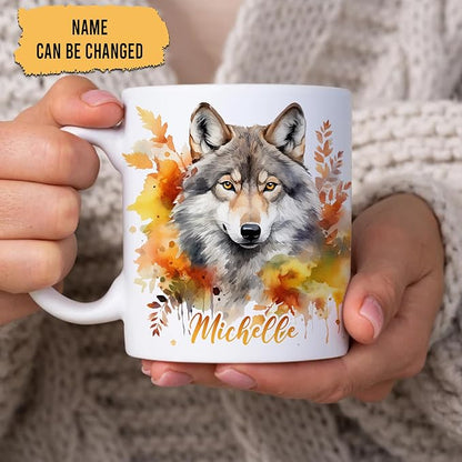 Hyturtle Personalized Fall Wolf Coffee Mug, Fall Autumn Décor | Birthday Gifts For Wolf Lovers - Wolves Gift Ideas For Farmhouse Thanksgiving - Custom Name 11oz White Ceramic Coffee Tea Mug