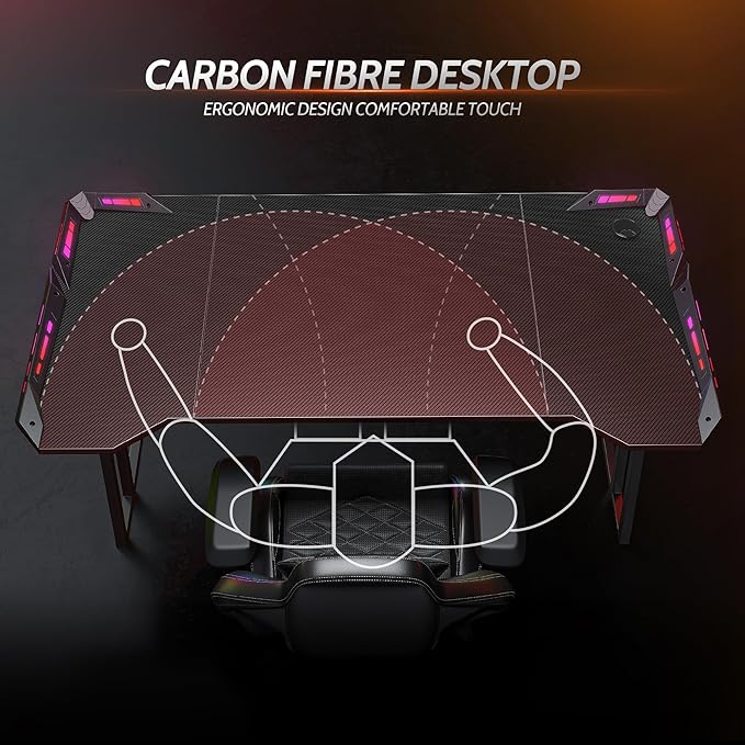 CubiCubi Gaming Desk with LED Lights, 55 Inch Z Shaped Gamer Desk, Home Game Computer Desk with Carbon Fiber Surface, Ergonomic Office PC Workstation with Cable Management, Black