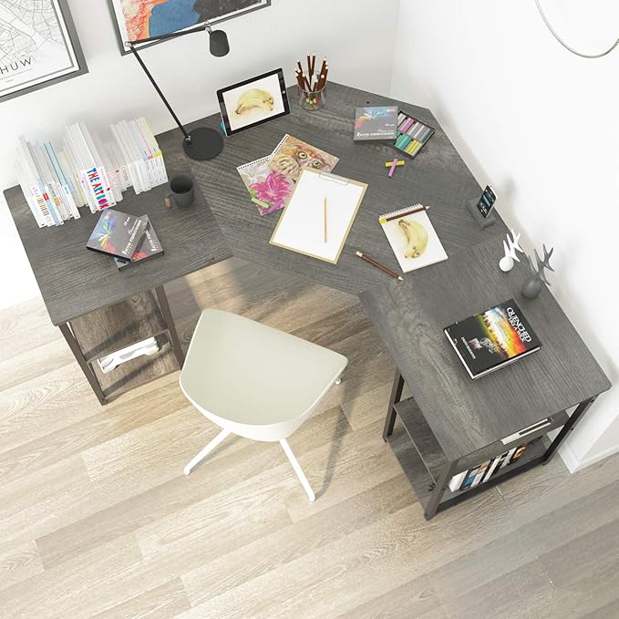 Elephance Large L-Shaped Computer Desk with Shelves, Corner Desk, Home Office Writing Workstation, Gaming Desk PC Latop Table with Storage