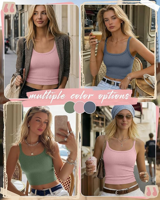 Ficerd 3 Pack Women's Tank Tops 95% Cotton Spaghetti Strap Ribbed Crop Camisole Slim Fitted Basic Summer Sleeveless Layer