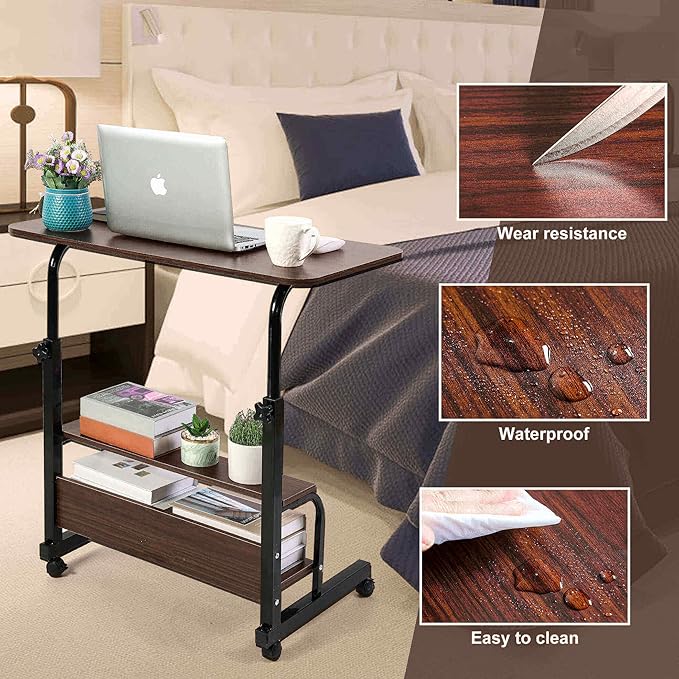 Adjustable Mobile Laptop Desk Home Office Desk Detachable Wheels Desk Portable Height Mobile Bedside Table Veranda Office Desk Additional Storage Rack Small Spaces Desk Size 15.7x31.5'Brown