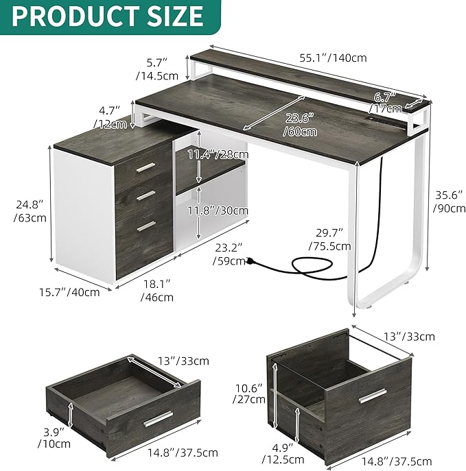 YITAHOME L Shaped Desk with Power Outlets & LED Lights & File Cabinet, 55" Corner Computer Desk with 3 Drawers & 2 Storage Shelves, Home Office Desk with Monitor Stand, White & Grey