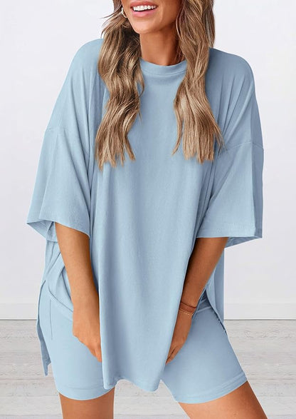 PRETTYGARDEN Women 2 Piece Lounge Set 2026 Summer Casual Oversized Shirts Biker Shorts Matching Airport Travel Outfit Clothes