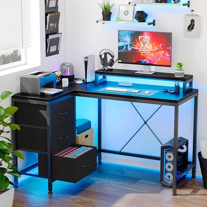 L Shaped Desk with Power Outlets & LED Lights, Computer Desk with Drawers & Shelves, Corner Desk Gaming Desk Home Office Desk, Black