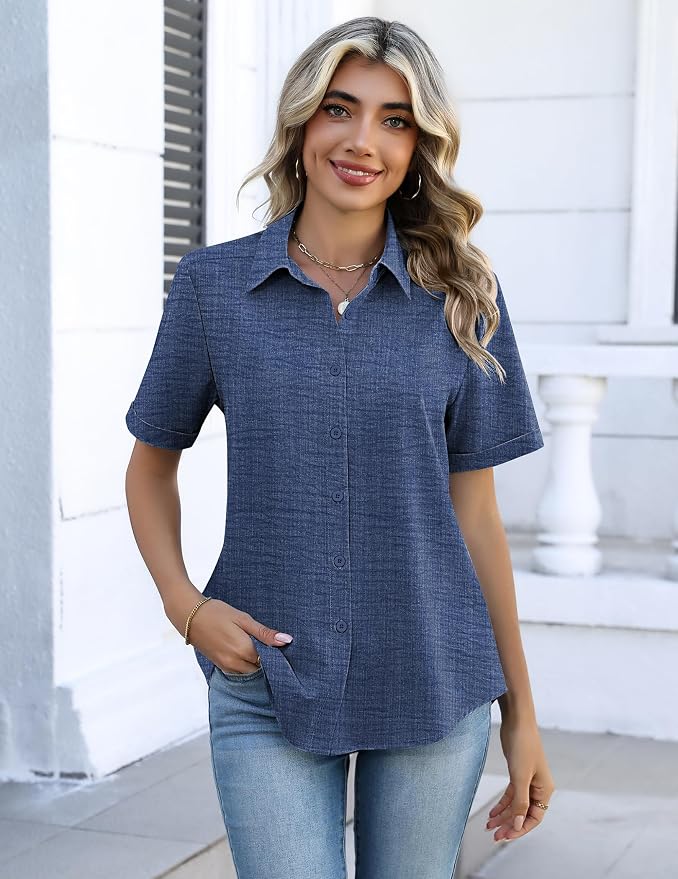 Zeagoo Button Down Shirts for Women Short Sleeve Collared Tops Dressy Casual V Neck Blouses