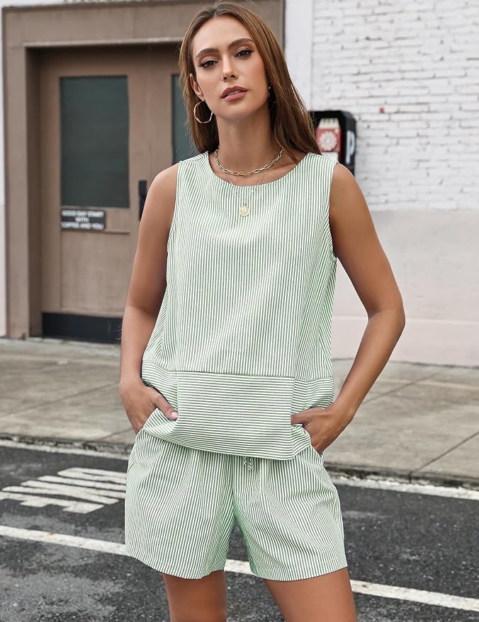 LOMON Women's Trendy 2 Piece Outfits Shorts Sets Summer Crew Neck Sleeveless Tank Top and Bottom Matching with Pockets 2026