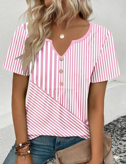 Zeagoo Womens Short Sleeve Tops Summer Henley V-Neck Tshirts Casual Pleated Blouse Dressy Loose Floral Basic Tee