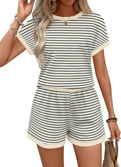 WIHOLL Two Piece Sets for Women Summer Lounge Short Sets Cap Sleeve Crew Neck Sweatsuit with Pocket XS-2XL