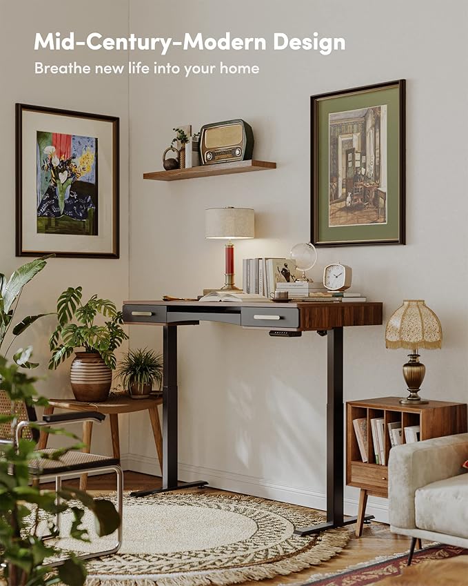 BANTI 48" x 26" Electric Standing Desk, Mid-Century Modern Desk with 3 Drawers, Stand Up Home Office Desks, Vintage Top